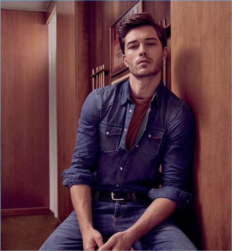 Francisco Lachowski models a double denim outfit for Liu Jo.