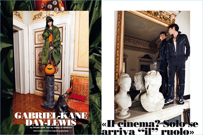 Left: Model Gabriel-Kane Day-Lewis sports a JUUN.J parka. Right: Gabriel is a standout in a Louis Vuitton jumpsuit.