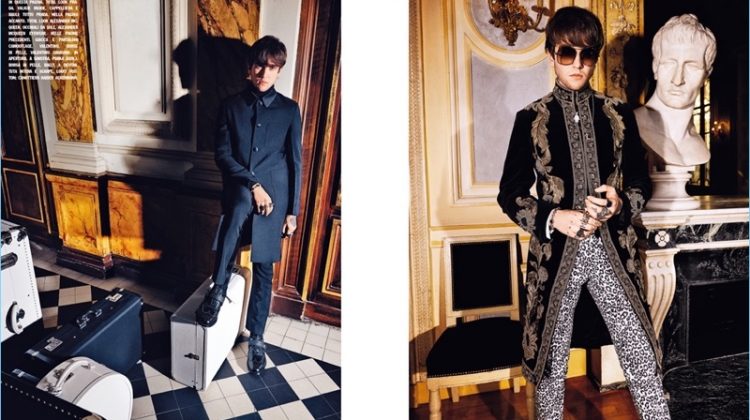 Left: Gabriel-Kane Day-Lewis wears a tailored look by Prada. Right: Gabriel dons a regal look by Alexander McQueen.