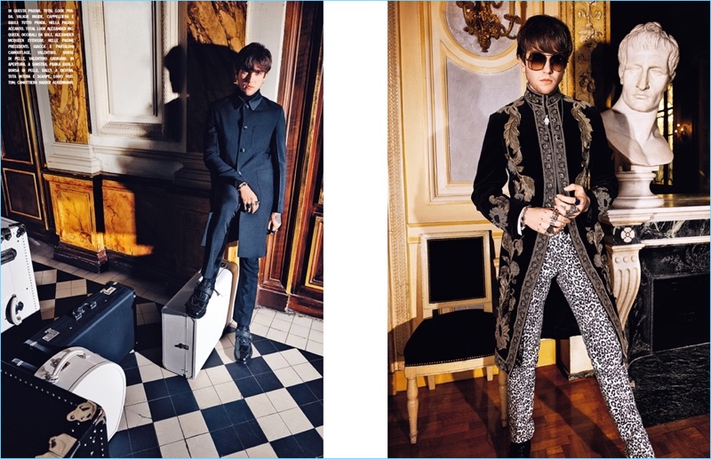 Left: Gabriel-Kane Day-Lewis wears a tailored look by Prada. Right: Gabriel dons a regal look by Alexander McQueen.