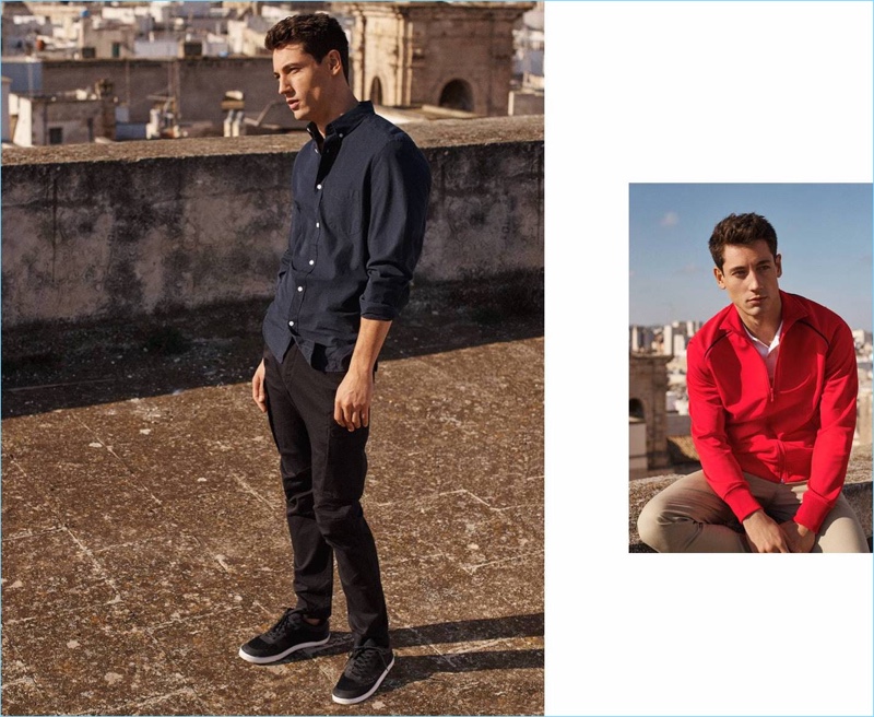 Connecting with H&M, Nicolas Ripoll sports cargo pants, a smart shirt, slim-fit pants, and a red jacket.