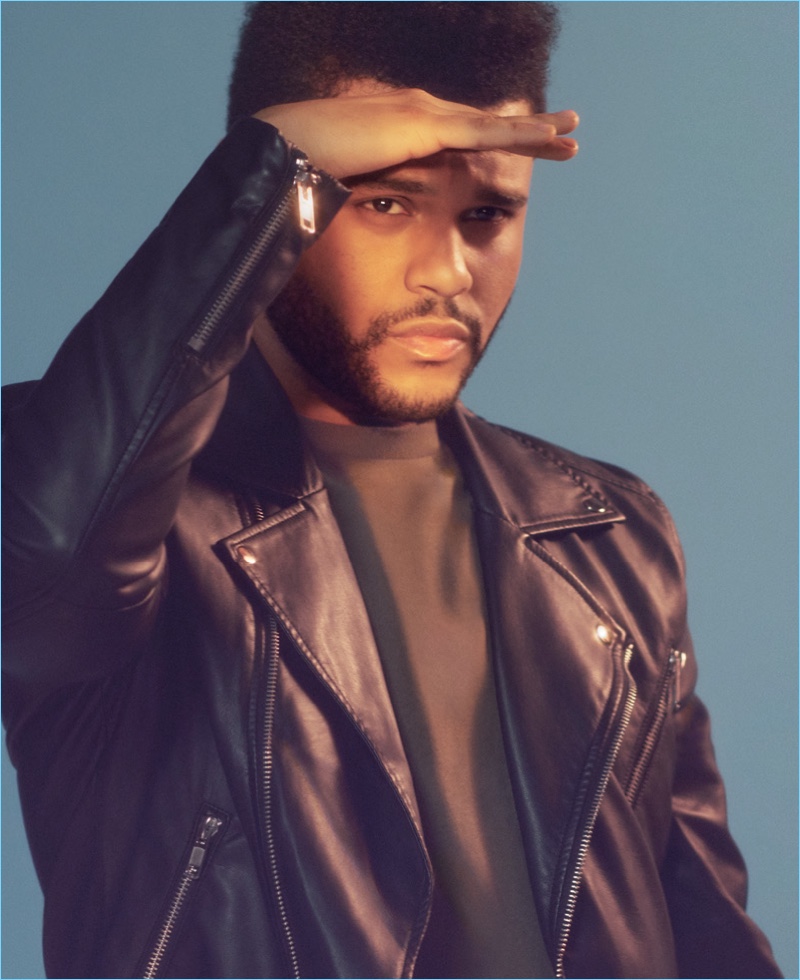 The Weeknd sports a timeless biker jacket from H&M's Spring Icons collection.