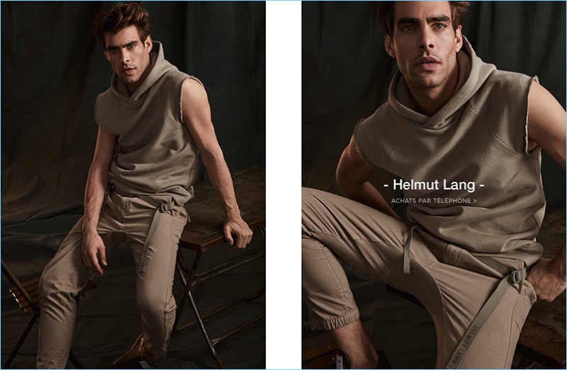 Enjoying a casual style moment in neutrals, Jon Kortajarena wears Helmut Lang.