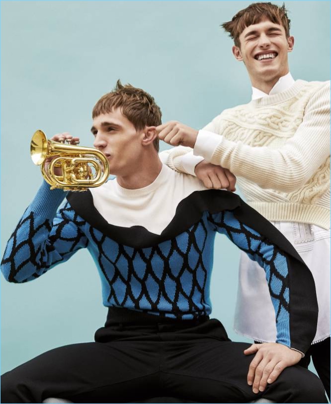 Bringing the theatrics, Julian Schneyder and Kit Butler wear Burberry.