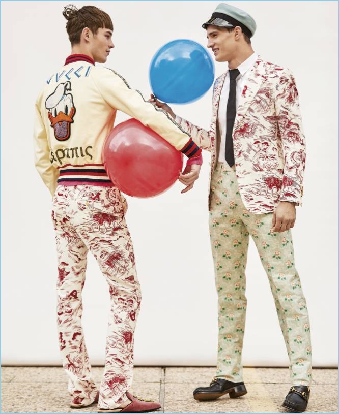 Models Kit Butler and Julian Schneyder bring joy in looks from Gucci.