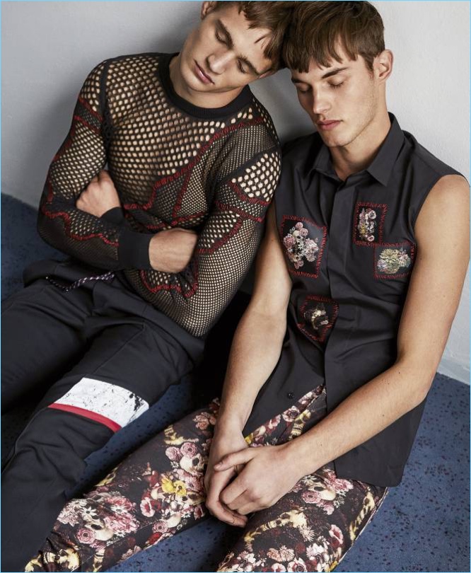 Peas in a pod, Julian Schneyder and Kit Butler wears spring ensembles from Dior Homme.
