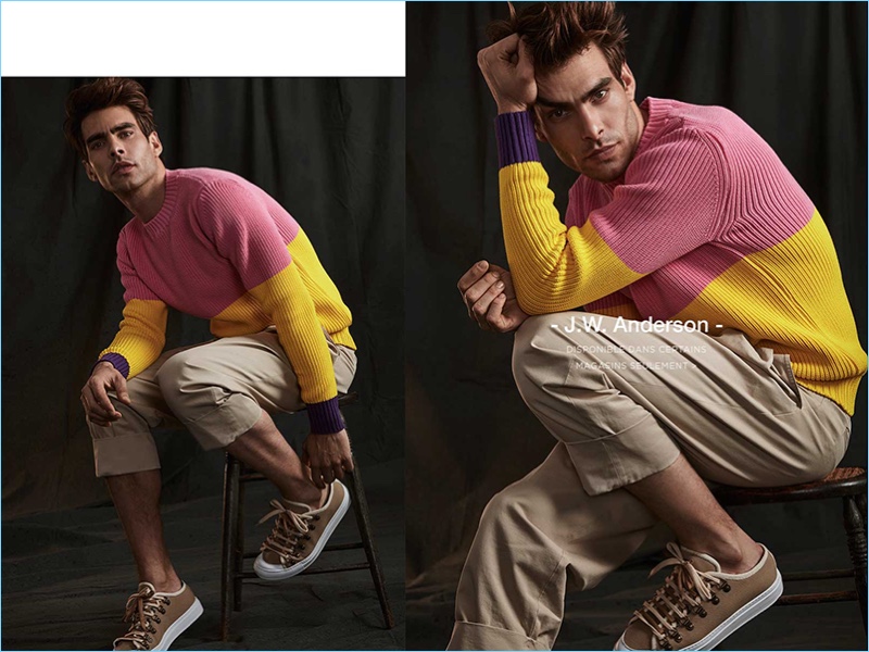 Embracing color blocking, Jon Kortajarena sports a look from J.W. Anderson.