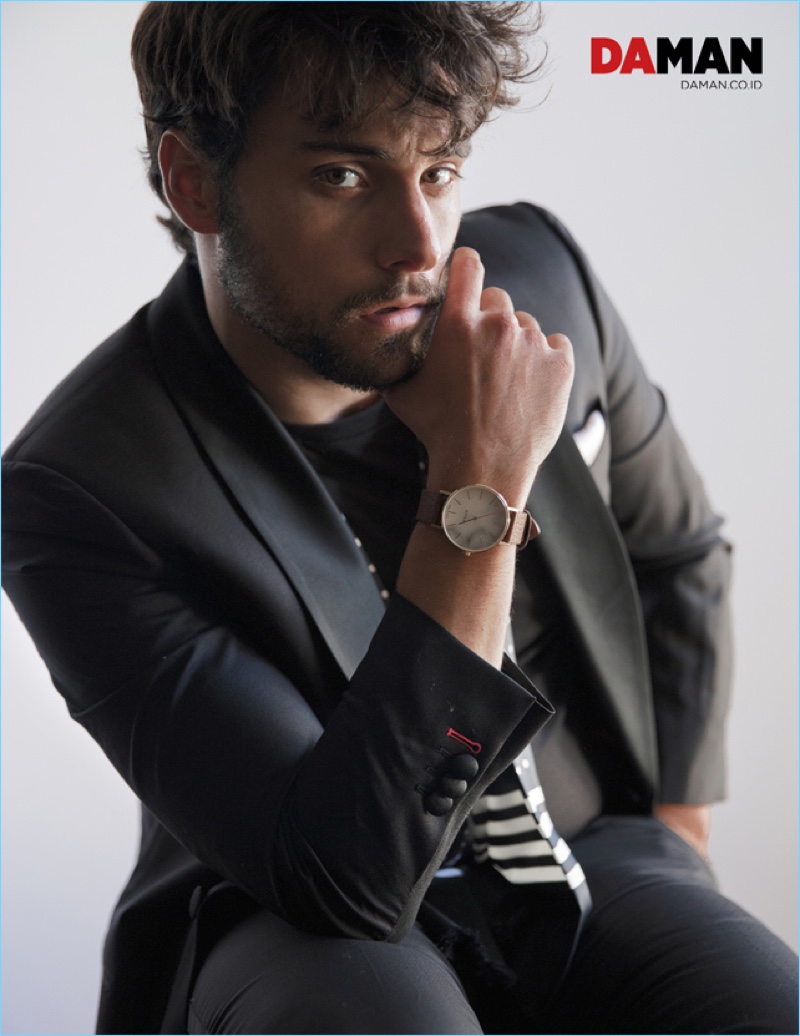 Mitchell Nguyen McCormack photographs Jack Falahee in a Klein Epstein & Parker suit with a Ben Sherman t-shirt, Zara scarf, and MYKU watch.