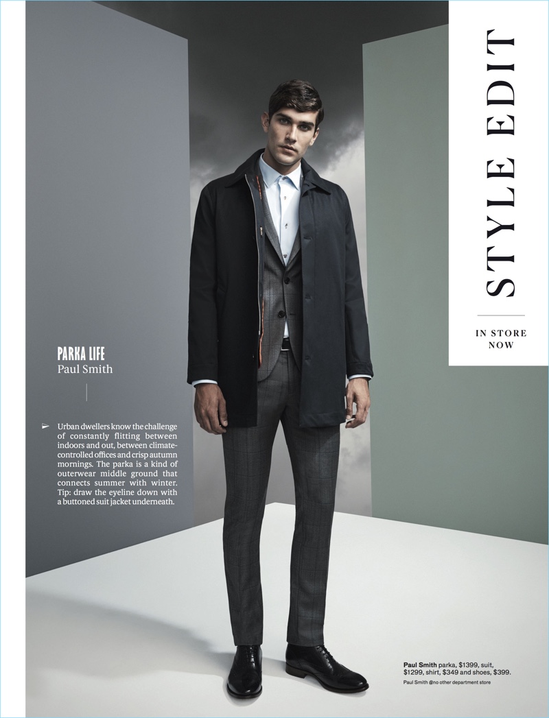 Jack Vanderhart models a parka, suit, shirt, and shoes by Paul Smith.