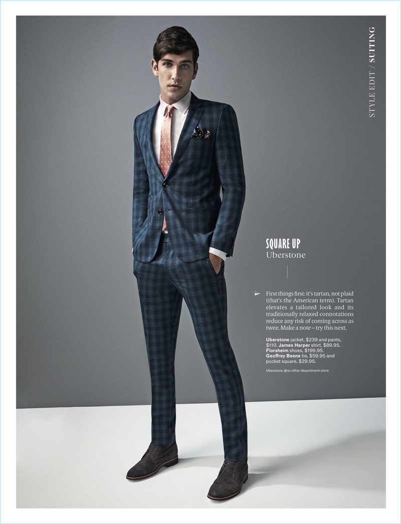 Model Jack Vanderhart wears a check suit by Uberstone with a James Harper shirt. Jack also sports a Geoffrey Beene tie and pocket square with Florsheim shoes.