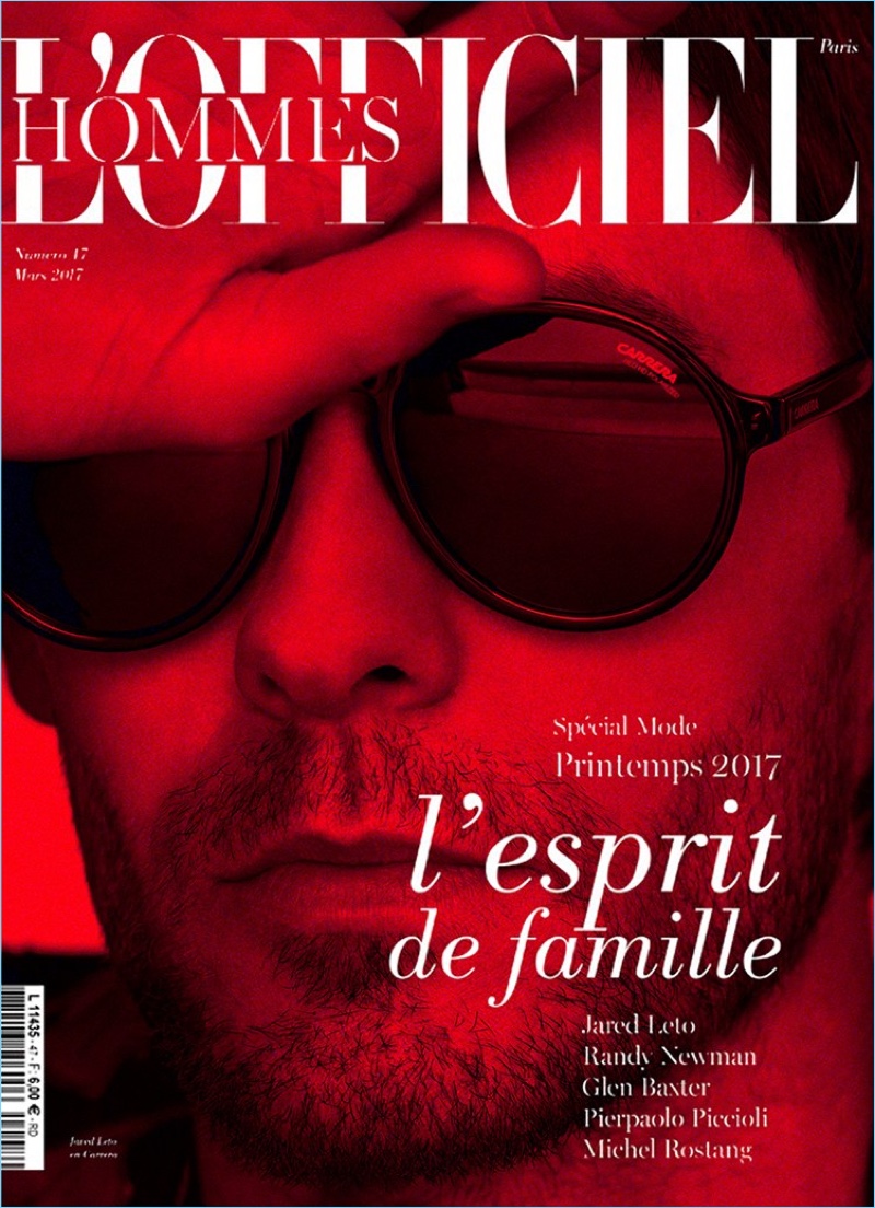 Jared Leto covers L'Officiel Hommes Paris in a pair of Carrera sunglasses.