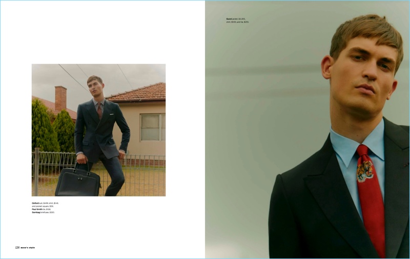 Cutting a sharp figure, Jason Anthony models suiting from luxury brands like Gucci.