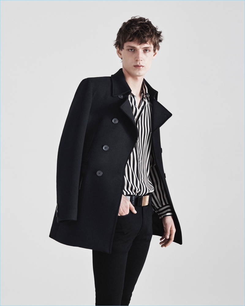 A black and white striped shirt livens up a slim look from Jeffrey Rüdes' fall-winter 2017 collection.