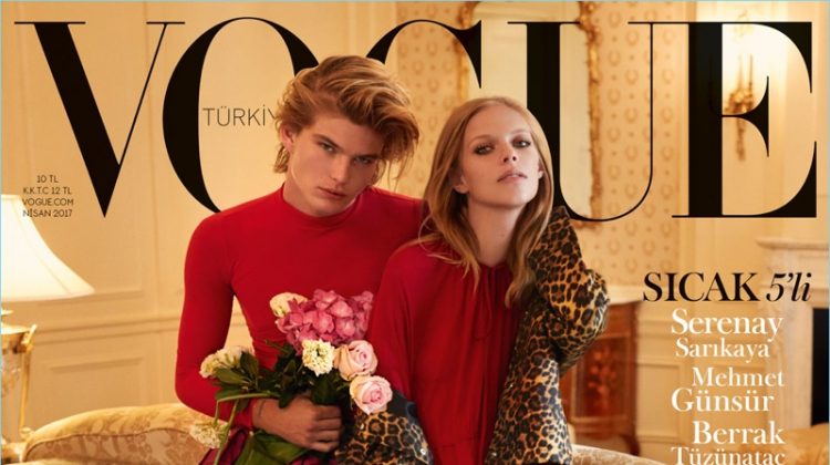 Models Jordan Barrett and Lexi Boling cover the April 2017 issue of Vogue Turkey.