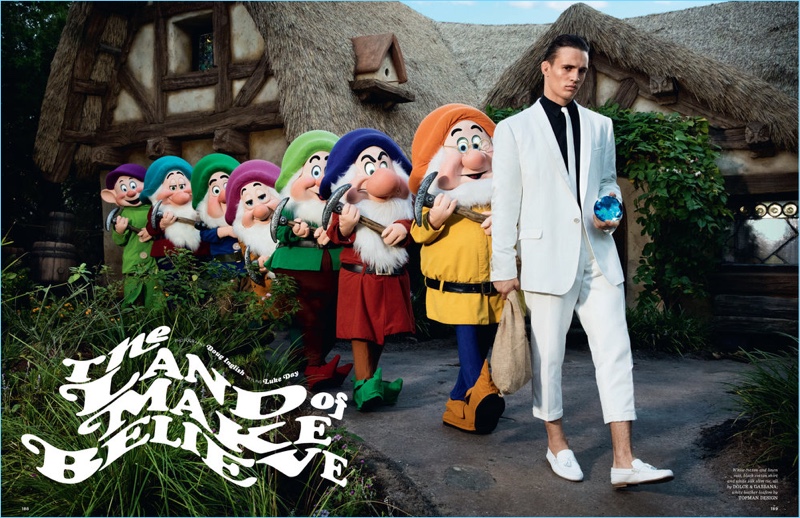 Posing with the Seven Dwarfs, Julian Schneyder wears a Dolce & Gabbana suiting number. Julian also sports white leather loafers by Topman Design.