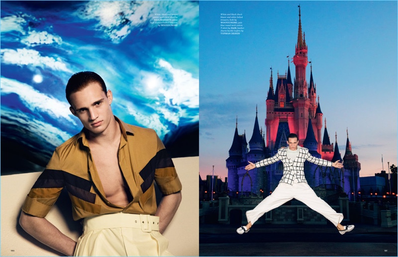 Left: Julian Schneyder wears a Neil Barrett shirt with Wooyoungmi trousers. Right: Julian spots a Wooyoungmi suit with a H&M t-shirt and Topman Design loafers.