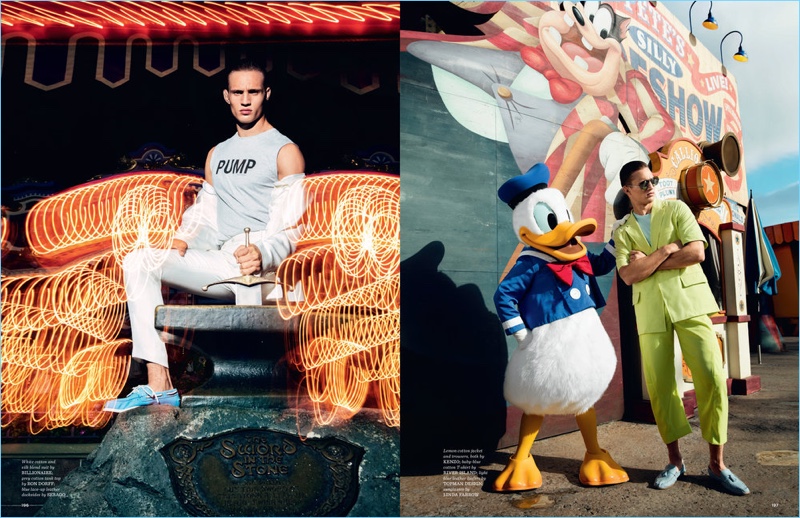 Left: Julian Schneyder wears a white Billionaire suit with a Ron Dorff tank, and Sebago dock shoes. Right: Posing with Donald Duck, Julian Schneyder sports a Kenzo suit with a River Island t-shirt, Topman Design loafers, and Linda Farrow sunglasses.