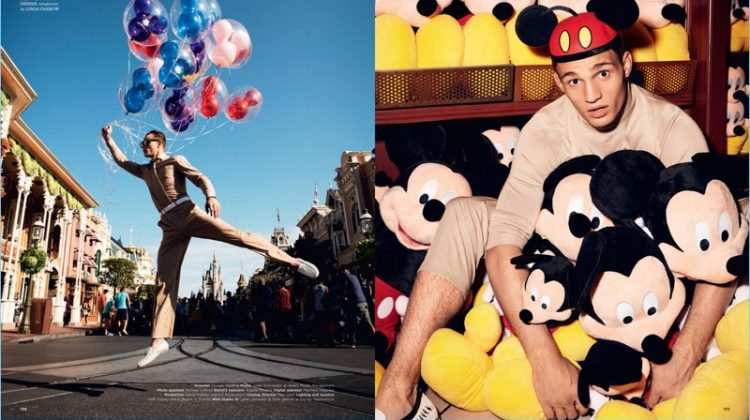 Left: Taking to Walt Disney World with balloons, Julian Schneyder wears a military-inspired number by Michael Kors. Julian also sports Topman Design loafers and Linda Farrow sunglasses. Right: Julian wears a tan shirt and trousers by Billionaire with Topman Design shoes.