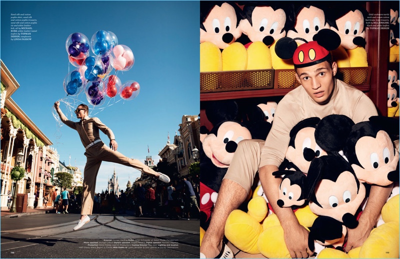 Left: Taking to Walt Disney World with balloons, Julian Schneyder wears a military-inspired number by Michael Kors. Julian also sports Topman Design loafers and Linda Farrow sunglasses. Right: Julian wears a tan shirt and trousers by Billionaire with Topman Design shoes.
