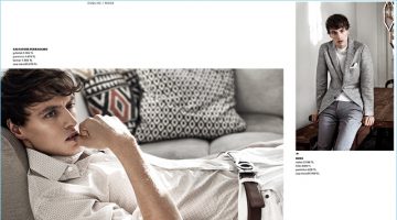 Esquire Turkey Tackles Chic Spring Neutrals Left: Kalman Merha lounges in a sleek spring outfit by Salvatore Ferragamo. Right: Embracing relaxed tailoring, Kalman sports BOSS Hugo Boss.