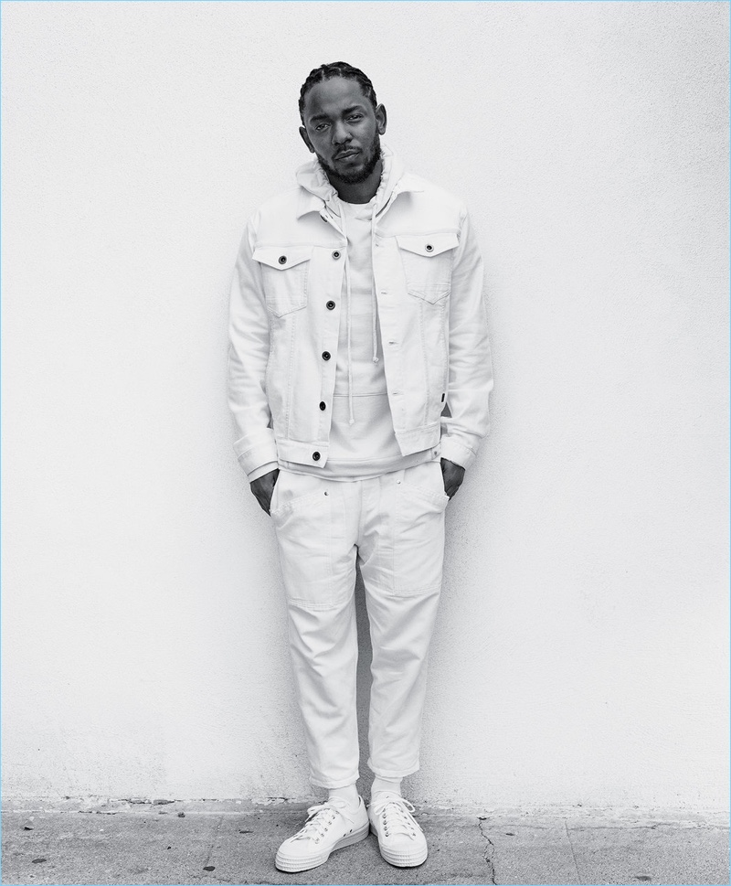 White Out: Kendrick Lamar wears a Calvin Klein Jeans jacket, AG hoodie, Joseph pants, Falke socks, and Novesta sneakers.
