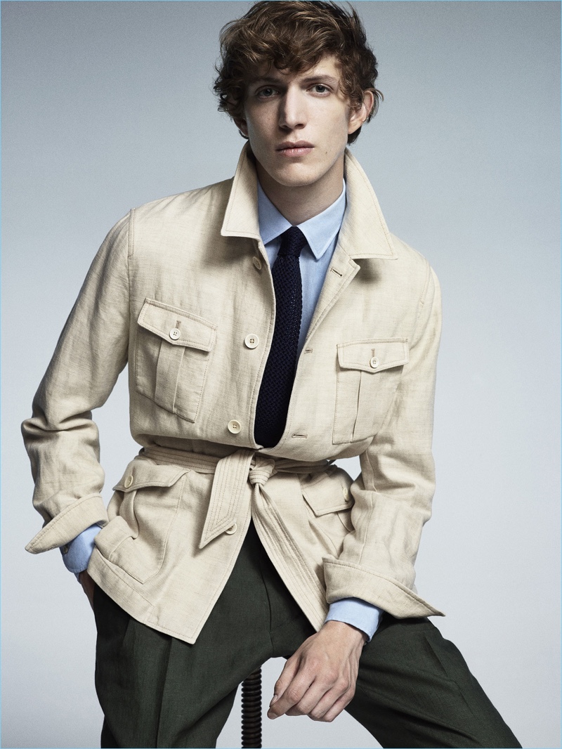 Donning a sleek safari jacket, Xavier Buestel appears in Lardini's spring-summer 2017 lookbook. » Tailoring Revisited: Lardini Does Military Style for Spring '17 Collection Donning a sleek safari jacket, Xavier Buestel appears in Lardini's spring-summer 2017 lookbook.