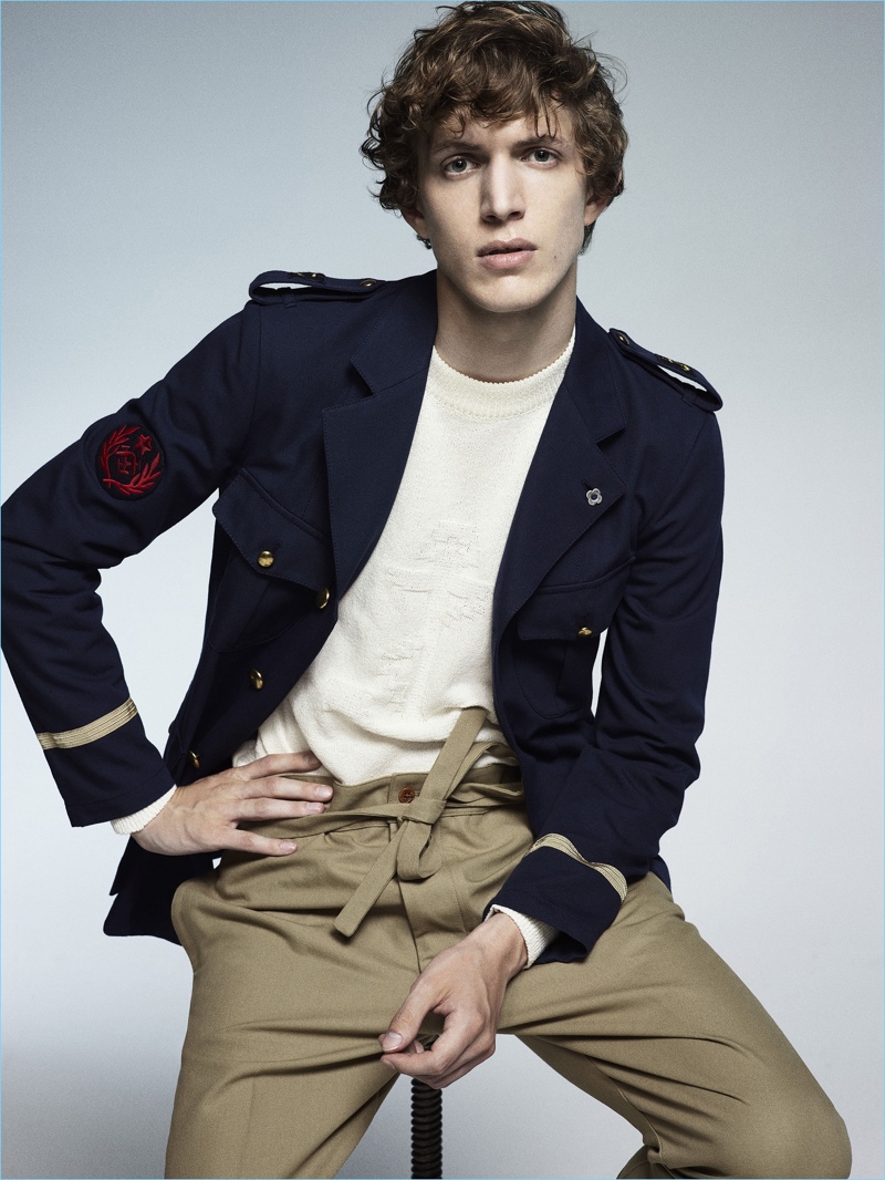 Military style is front and center as Xavier Buestel wears a jacket with epaulets from Lardini.