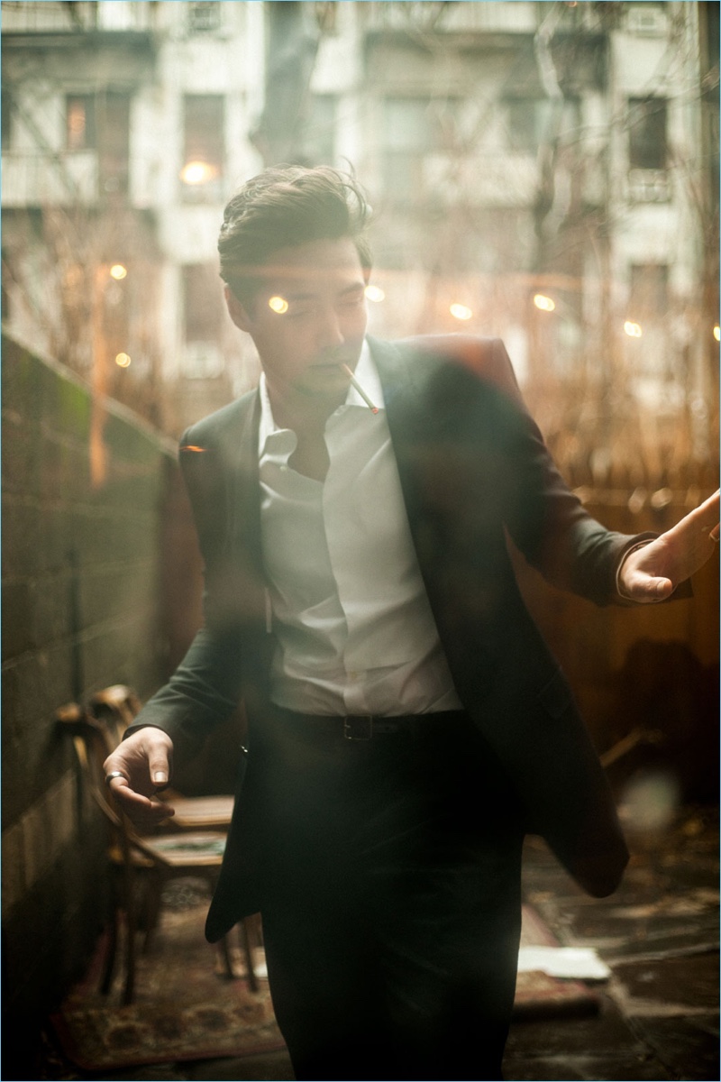 Appearing in a shoot for VMAN, Levi Dylan sports a Dolce & Gabbana suit.