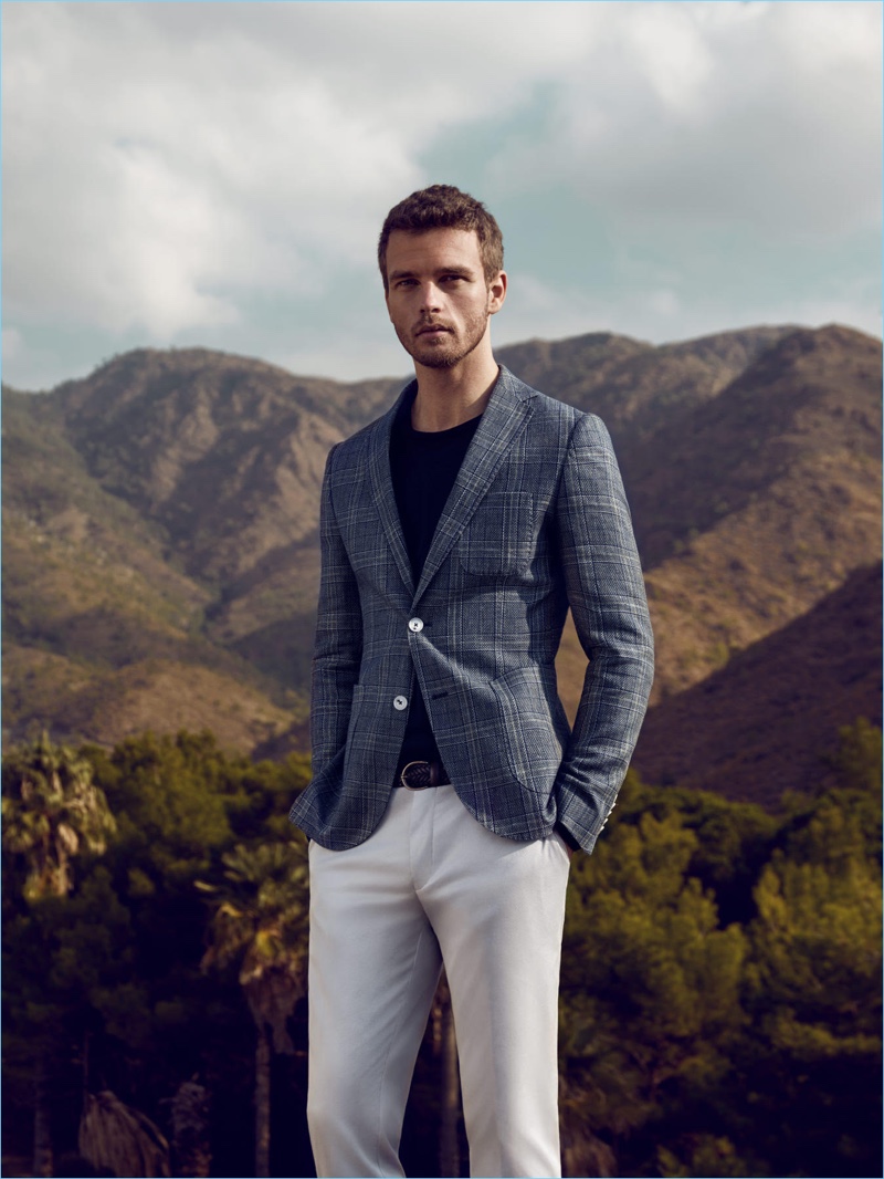 A smart vision, Benjamin Eidem sports spring tailoring from Lufian.