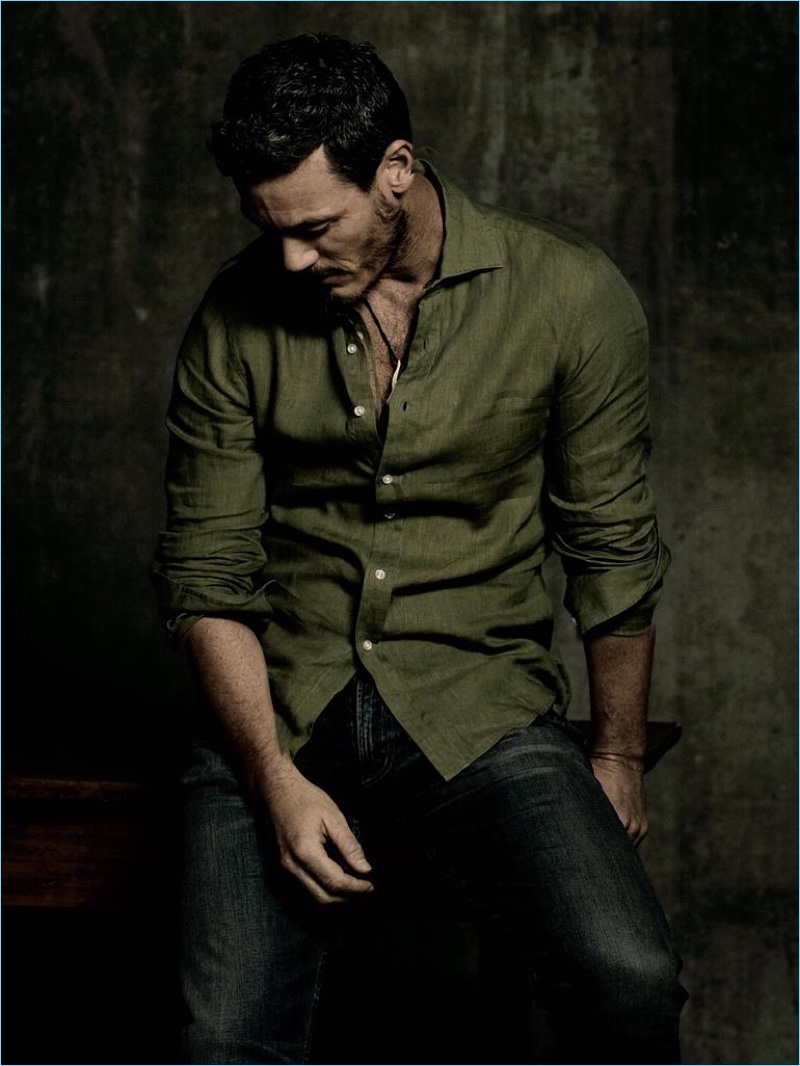 Beauty and the Beast star Luke Evans dons a Ralph Lauren Purple Label shirt with Citizens of Humanity jeans.