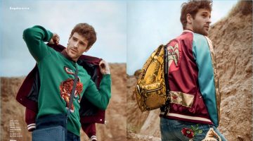Left: Markus Josefsson goes smart in a Diesel Varsity jacket and patterned shirt with a tiger adorned Gucci sweater. Markus also wears Massimo Dutti jeans and a Bottega Veneta bag. Right: Markus steps out in a Diesel jacket with Gucci jeans, and a Burberry backpack.