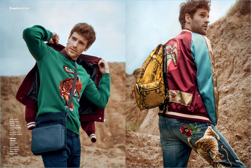 Left: Markus Josefsson goes smart in a Diesel Varsity jacket and patterned shirt with a tiger adorned Gucci sweater. Markus also wears Massimo Dutti jeans and a Bottega Veneta bag. Right: Markus steps out in a Diesel jacket with Gucci jeans, and a Burberry backpack.