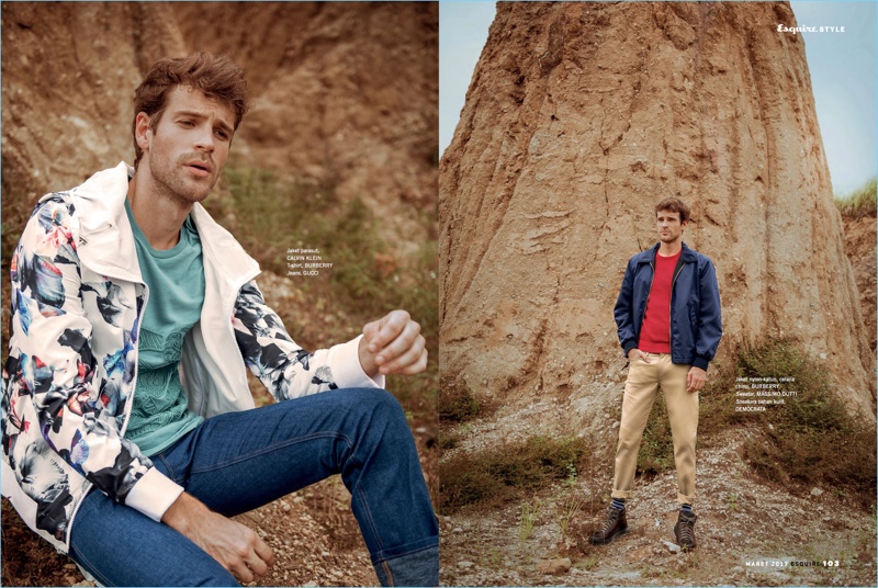 Left: Going casual, Markus Josefsson wears a Calvin Klein jacket with a Burberry t-shirt and Gucci jeans. Right: Markus sports a Burberry jacket and chinos. The model also wears a Massimo Dutti sweater and Democrata shoes.