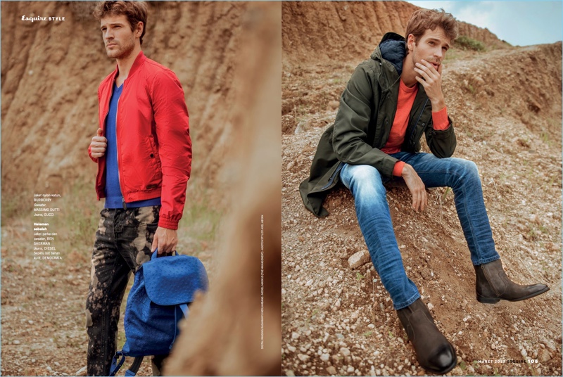 Left: Making a color statement, Markus Josefsson wears a red Burberry bomber jacket with a Massimo Dutti v-neck sweater, and Gucci jeans. Right: Markus sports a sweater and jacket by Ben Sherman. He also wears Diesel jeans and Democrata boots.