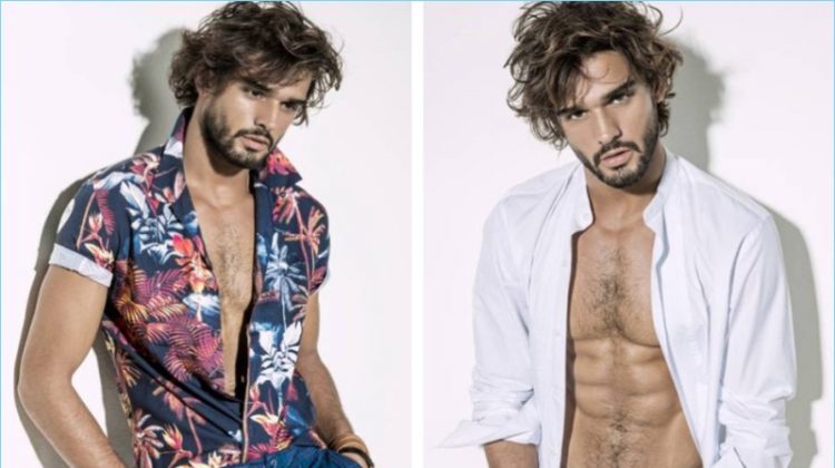 Left: Marlon Teixeira wears a Colcci shirt with Cavalera swim shorts. Right: Marlon sports a Murilo Lomas shirt with a white swimsuit.