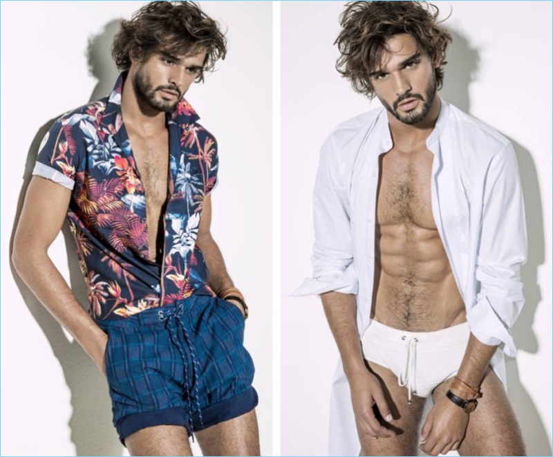 Left: Marlon Teixeira wears a Colcci shirt with Cavalera swim shorts. Right: Marlon sports a Murilo Lomas shirt with a white swimsuit.