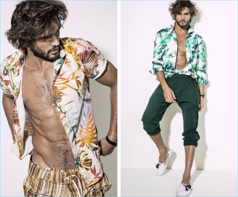 Left: Marlon Teixeira wears a tropical print shirt by Ellus with Agua de Coco swim shorts. Right: Marlon wears a Colcci shirt with Gucci pants and Murilo Lomas espadrilles.