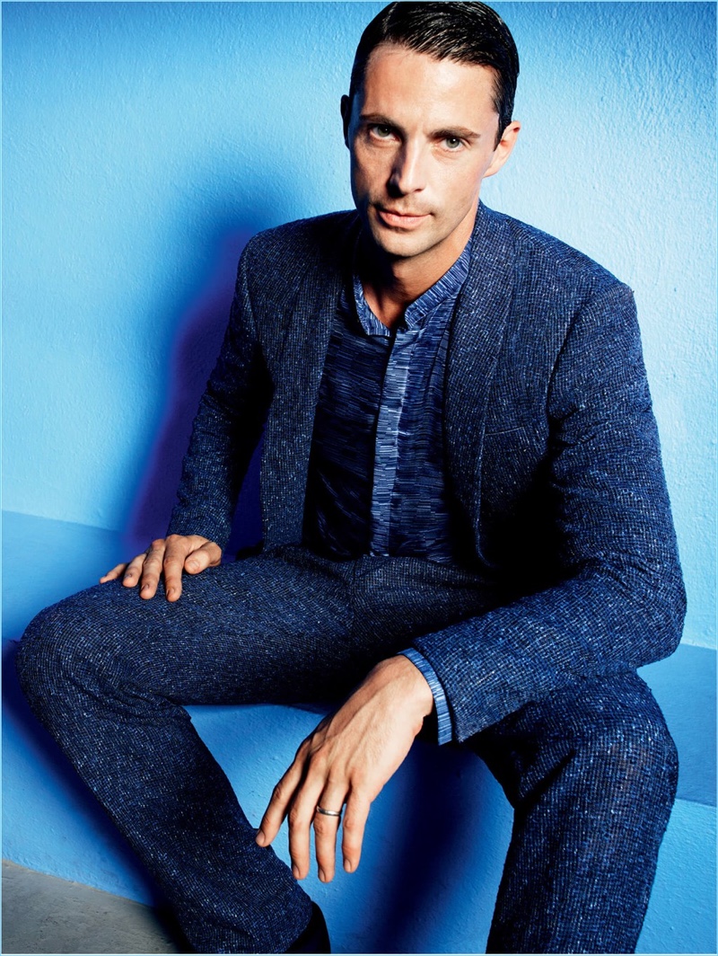 British actor Matthew Goode dons a blue suit for Pal Zileri's spring-summer 2017 campaign.