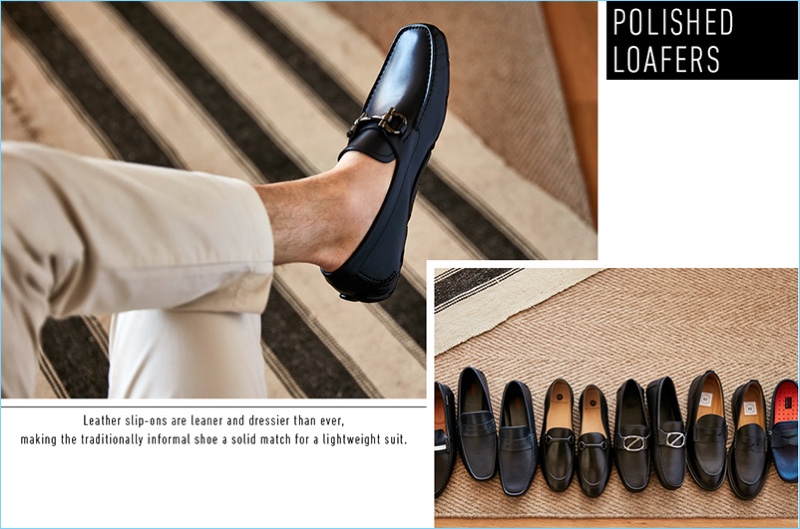 Complement elegant attire with a polished loafer. Pictured (Left to Right): Salvatore Ferragamo bit drivers, Hugo Boss moccasins, H by Hudson bit loafers, Z Zegna Z logo driver, and George Brown BILT penny loafers.