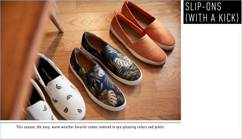 Tap into relaxed everyday style with a pair of slip-on sneakers. Pictured (Left to Right): PS by Paul Smith watermelon print slip-on sneakers, Vince palm print slip-on sneakers, and MULO linen espadrilles.