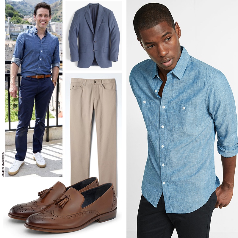 Clockwise: J.Crew Ludlow Suit Jacket, Express Linen Blend Shirt, Bolvaint Verrocchio Tassel Loafers, and Banana Republic Slim Traveler Pants.