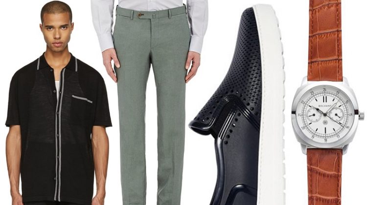 Left to Right: Lanvin Black Wool Stripe Polo, ISAIA Linen Trousers, Salvatore Ferragamo Perforated Slip-on Shoes, and Bolvaint Vitus Timepiece.