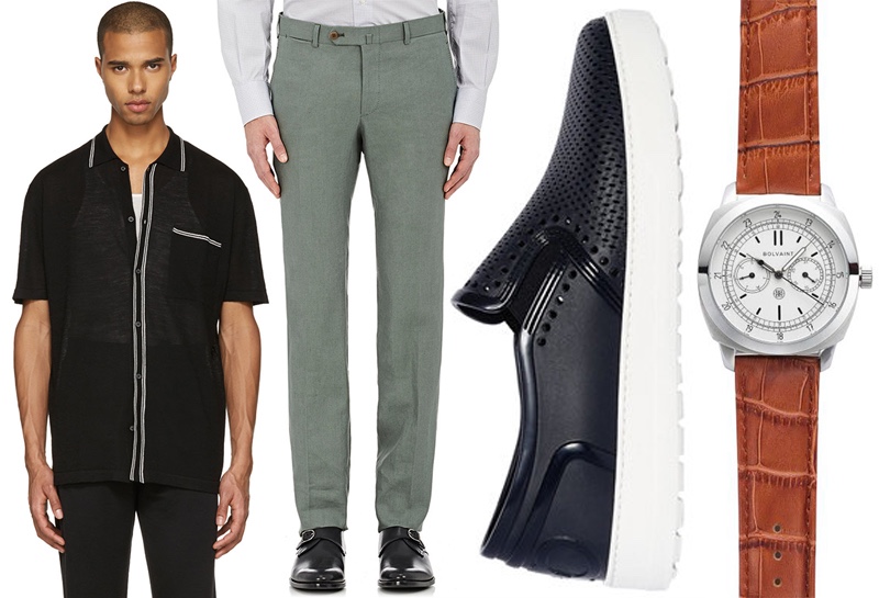 Left to Right: Lanvin Black Wool Stripe Polo, ISAIA Linen Trousers, Salvatore Ferragamo Perforated Slip-on Shoes, and Bolvaint Vitus Timepiece.