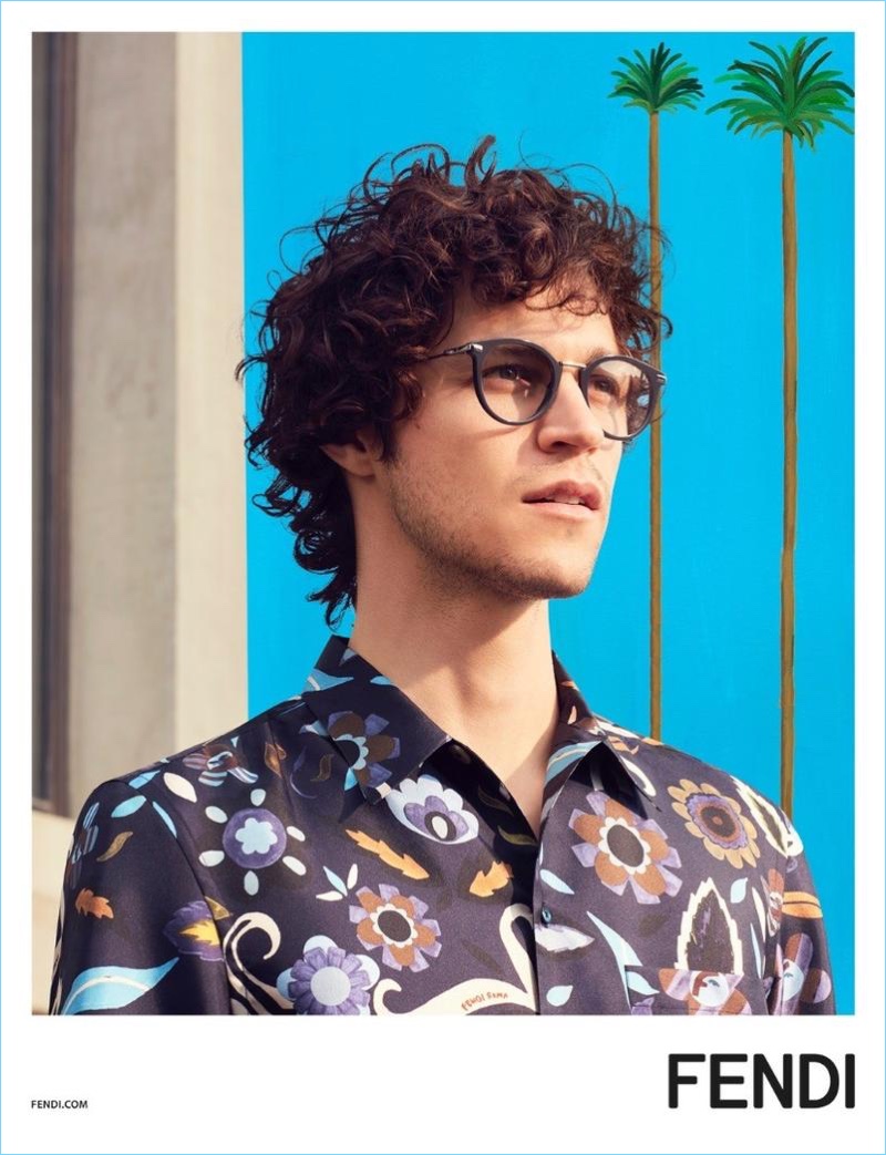 Starring in Fendi's spring-summer 2017 eyewear campaign, Miles McMillan wears a printed silk shirt $800.
