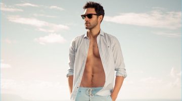 A summer vision, Noah Mills flashes his six-pack as he stars in Pedro del Hierro's spring-summer 2017 campaign.