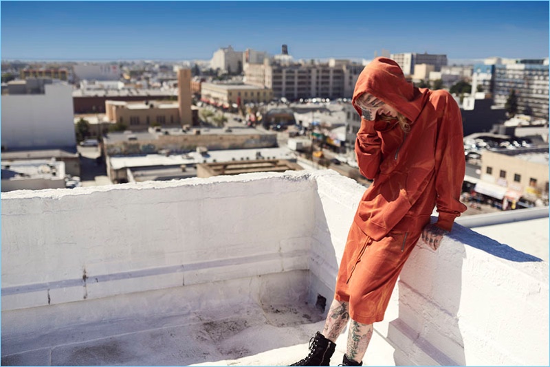 Taking to a city rooftop, Bradley Soileau wears a monochromatic number.