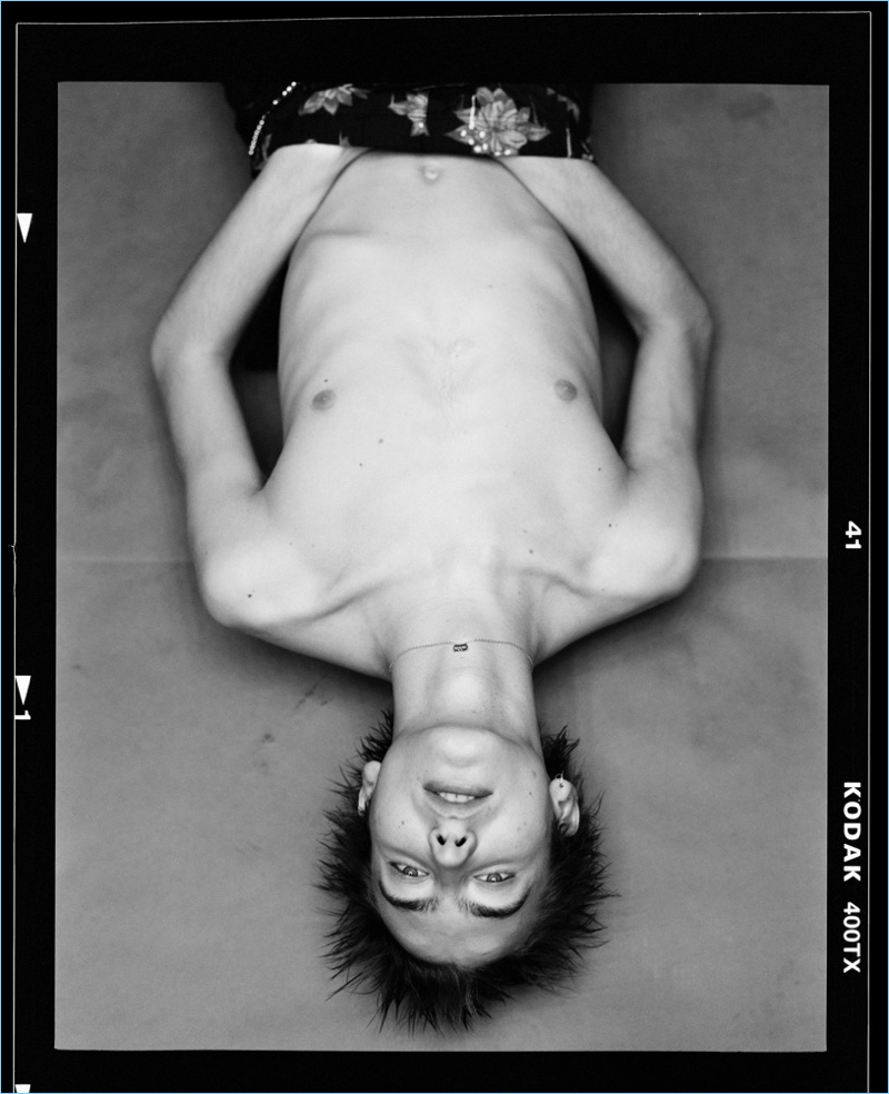 Channeling a punk attitude, a shirtless Paul Hameline appears in a shoot for Interview magazine.