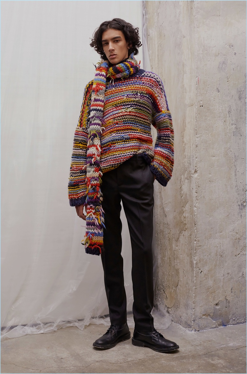 Multicolor knitwear makes a colorful statement as part of Paul & Joe's fall-winter 2017 collection.