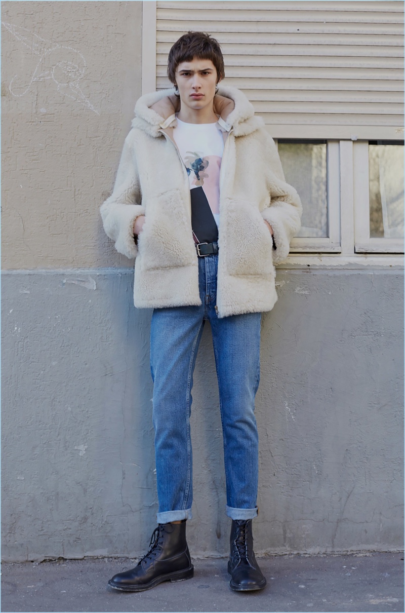 French fashion brand goes casual with a shearling hooded jacket and denim jeans for fall-winter 2017.