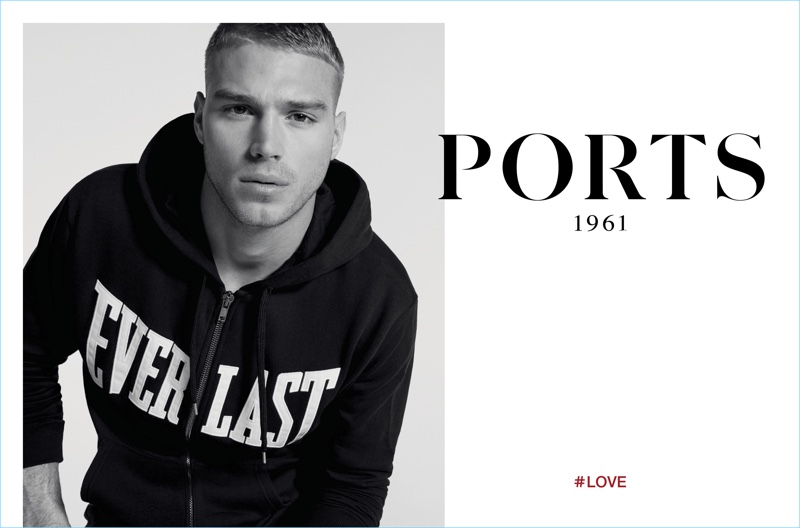 Model Matthew Noszka sports an Everlast hoodie from Ports 1961's collaboration for its spring-summer 2017 campaign.